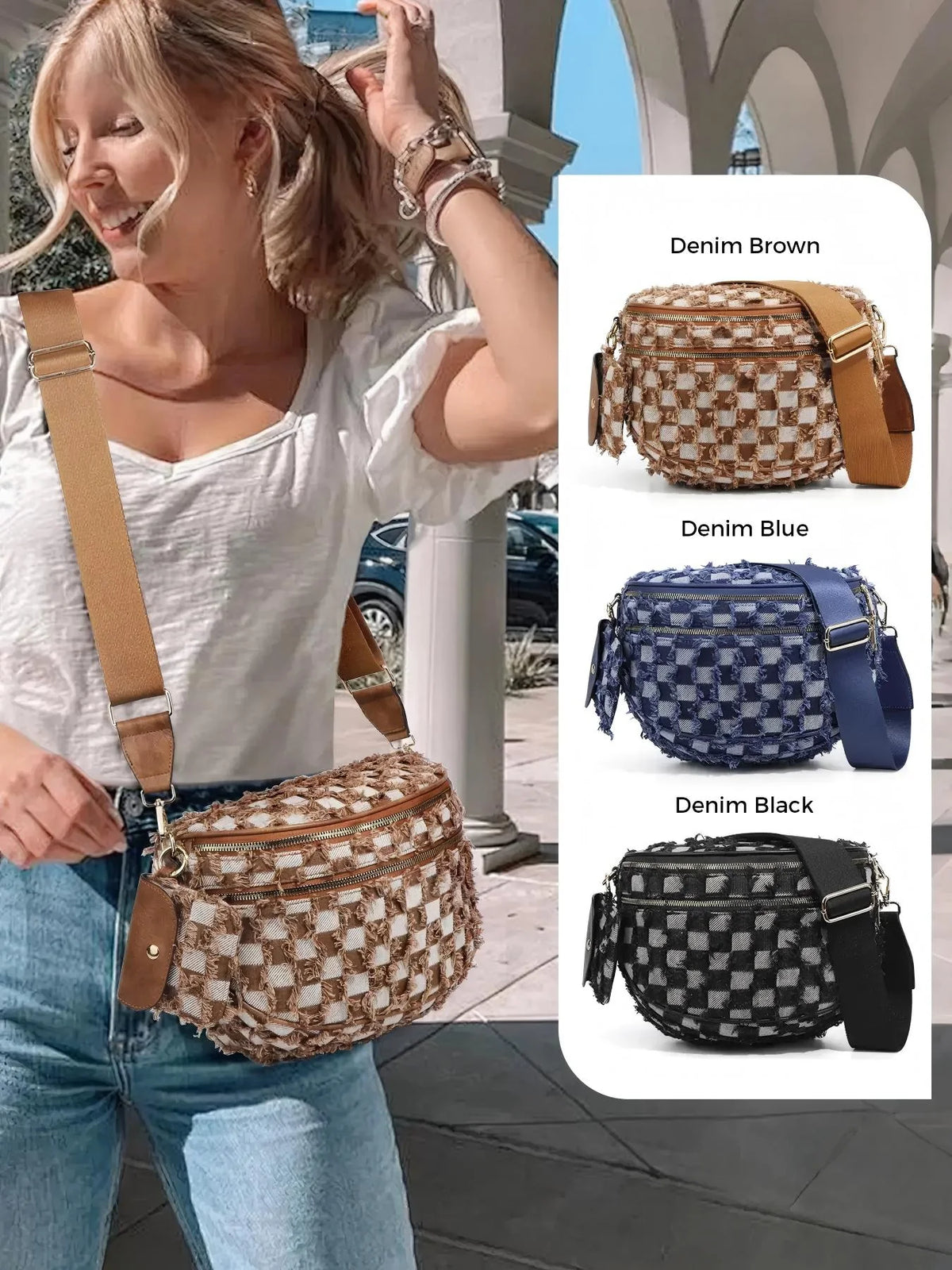 Denim Checkered Crossbody Bum Bag Large Capacity Belt Bag