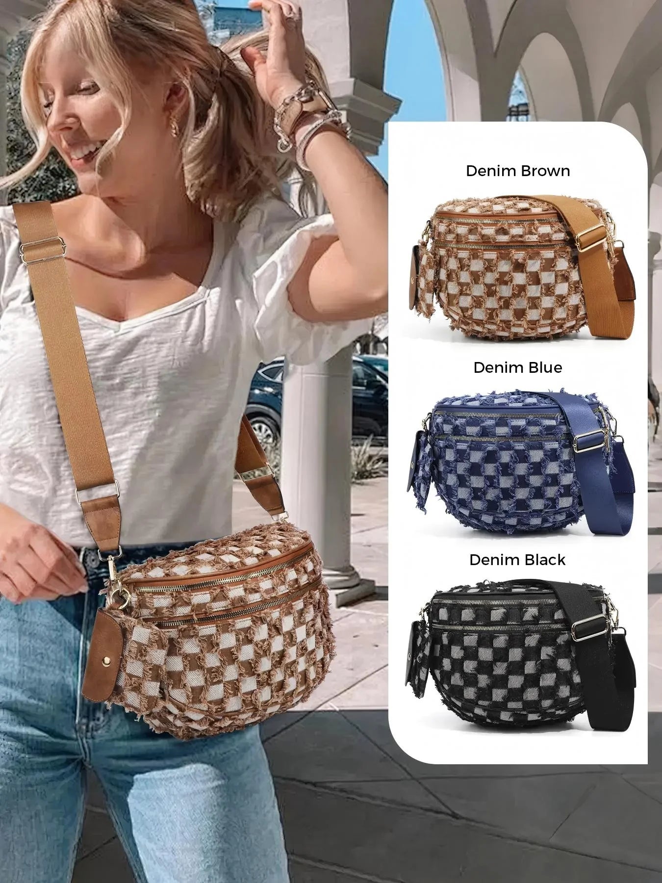 Denim Checkered Crossbody Bum Bag Large Capacity Belt Bag