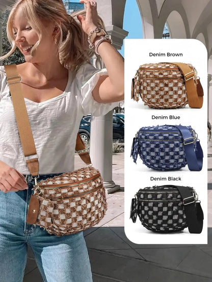 Denim Checkered Crossbody Bum Bag Large Capacity Belt Bag