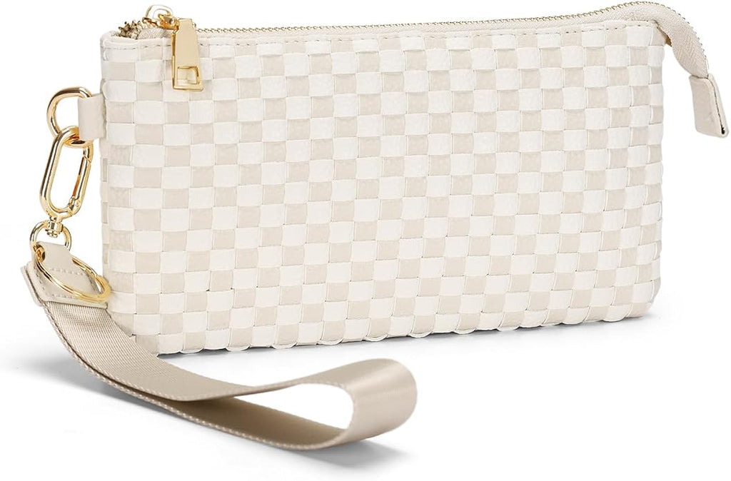 Woven Checkered Wristlet Wallets for Women, Faux Leather Zipper Wristlet Purse with 6 Card Slot, 9.25" x 4.72"