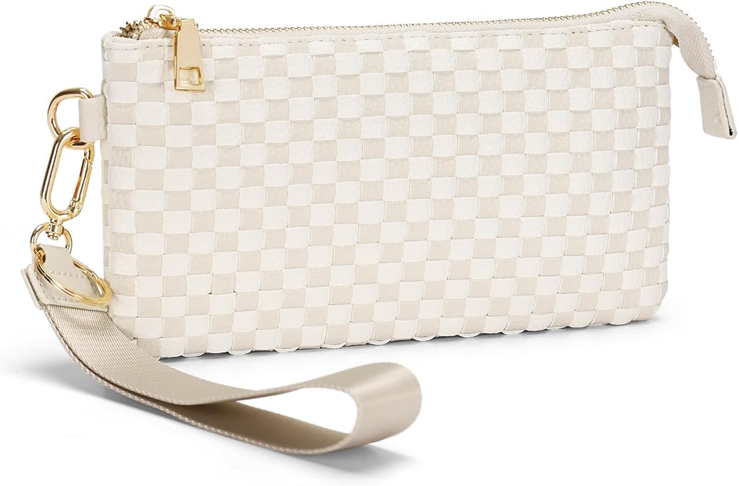 Woven Checkered Wristlet Wallets for Women, Faux Leather Zipper Wristlet Purse with 6 Card Slot, 9.25" x 4.72"