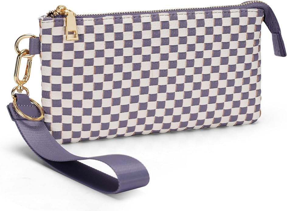 Woven Checkered Wristlet Wallets for Women, Faux Leather Zipper Wristlet Purse with 6 Card Slot, 9.25" x 4.72"