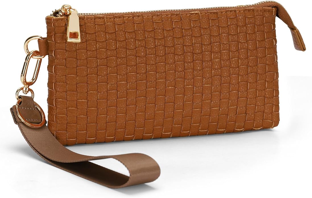 Woven Checkered Wristlet Wallets for Women, Faux Leather Zipper Wristlet Purse with 6 Card Slot, 9.25" x 4.72"