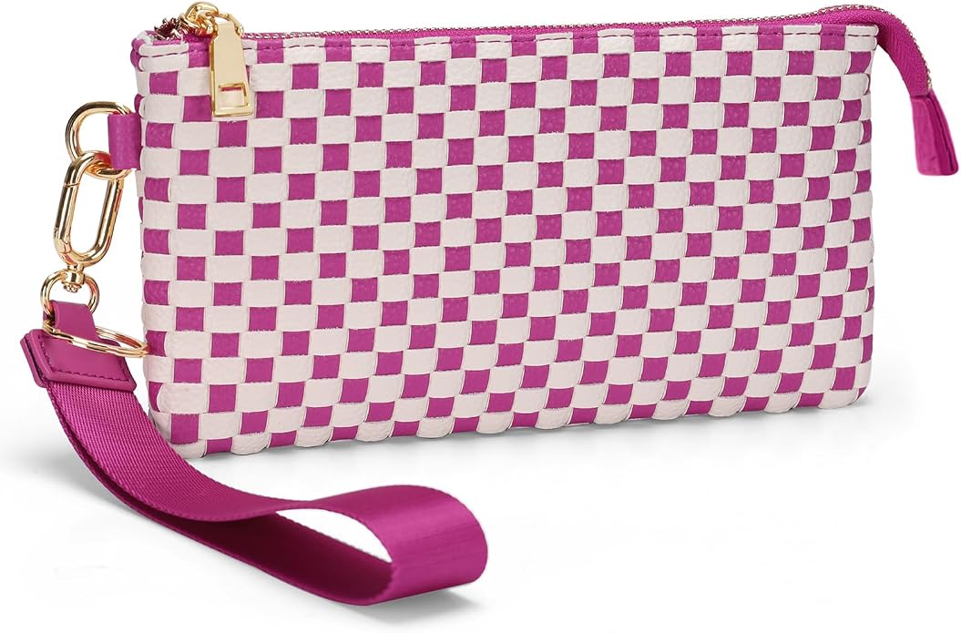 Woven Checkered Wristlet Wallets for Women, Faux Leather Zipper Wristlet Purse with 6 Card Slot, 9.25" x 4.72"