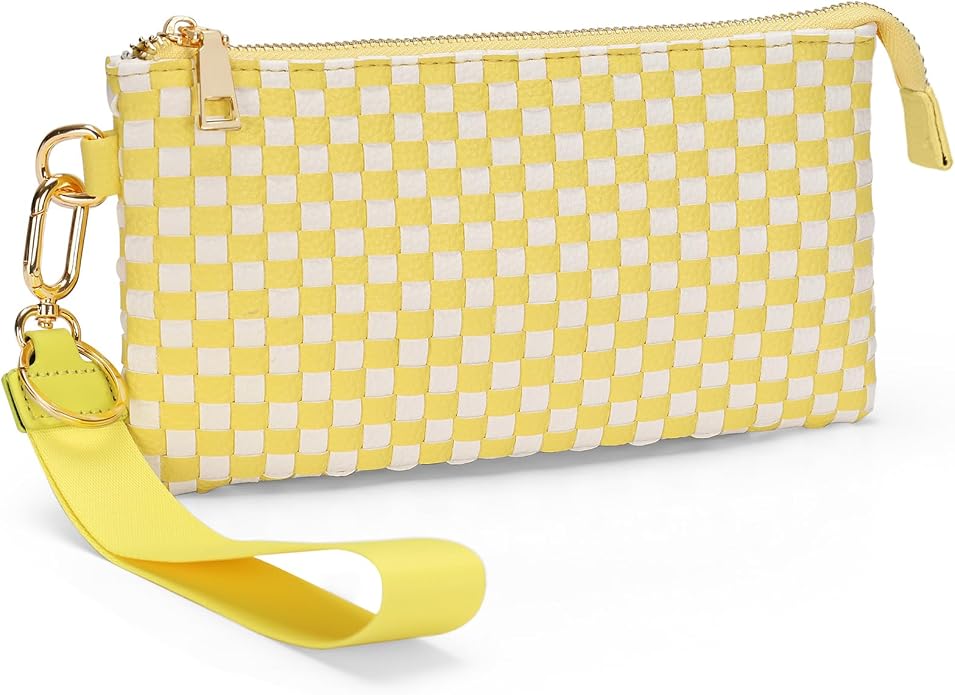 Woven Checkered Wristlet Wallets for Women, Faux Leather Zipper Wristlet Purse with 6 Card Slot, 9.25" x 4.72"