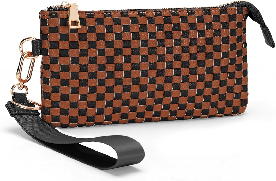 Woven Checkered Wristlet Wallets for Women, Faux Leather Zipper Wristlet Purse with 6 Card Slot, 9.25" x 4.72"