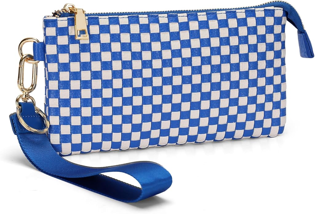 Woven Checkered Wristlet Wallets for Women, Faux Leather Zipper Wristlet Purse with 6 Card Slot, 9.25" x 4.72"