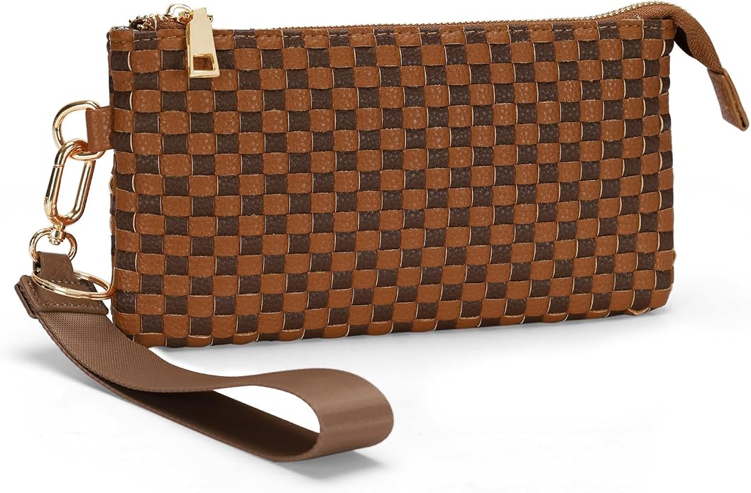 Woven Checkered Wristlet Wallets for Women, Faux Leather Zipper Wristlet Purse with 6 Card Slot, 9.25" x 4.72"