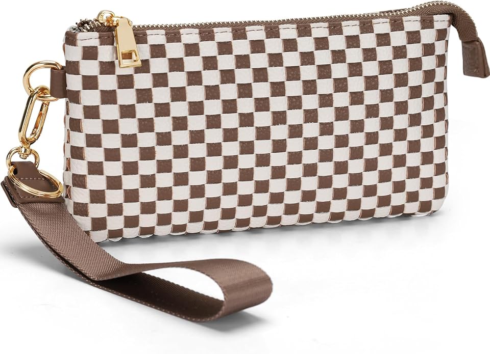 Woven Checkered Wristlet Wallets for Women, Faux Leather Zipper Wristlet Purse with 6 Card Slot, 9.25" x 4.72"