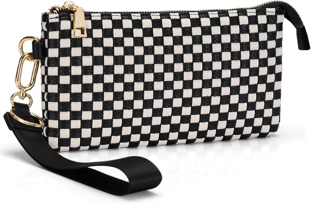 Woven Checkered Wristlet Wallets for Women, Faux Leather Zipper Wristlet Purse with 6 Card Slot, 9.25" x 4.72"
