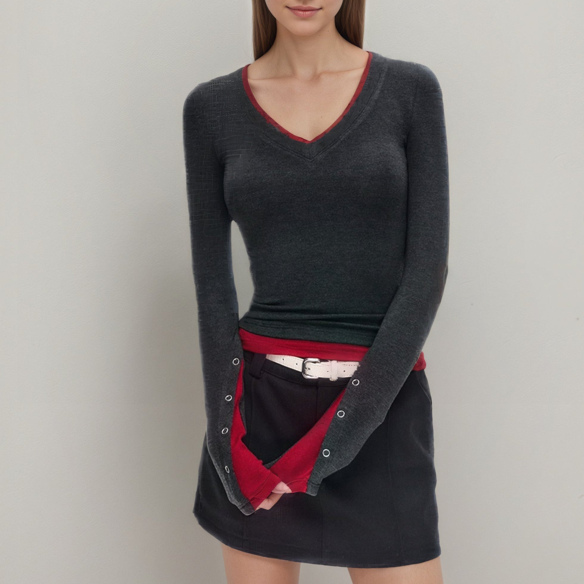 Faux Two-piece V-neck Long-sleeved Top