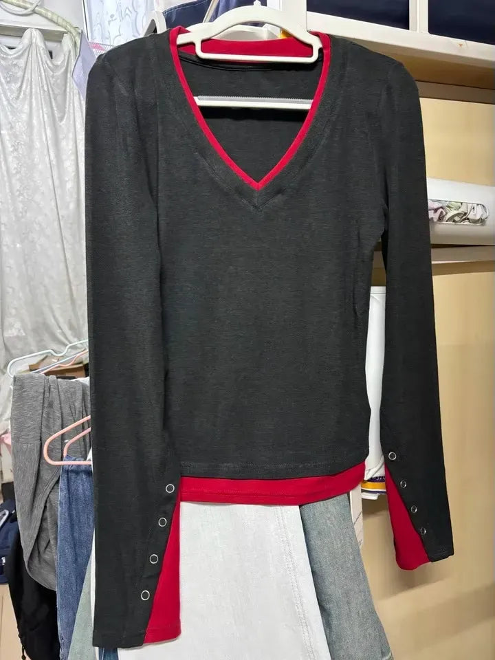 Faux Two-piece V-neck Long-sleeved Top