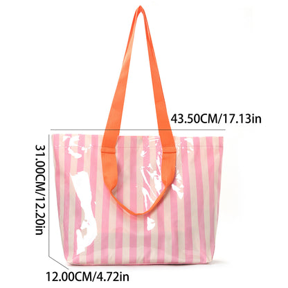 Striped PVC Tote Bag Large Glossy Striped Handbag Waterproof Plastic Top Handle Tote Handbag Summer Beach Bag