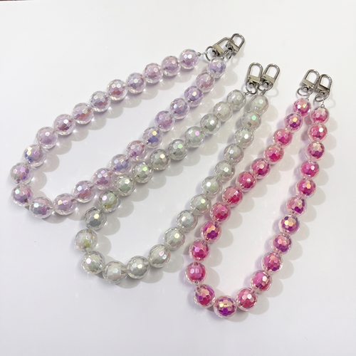 45cm Iridescent Faceted Round Bead Bag Strap, Transparent Holographic Crystal Beaded Purse Replacement Chain with Silver Swivel Clasps