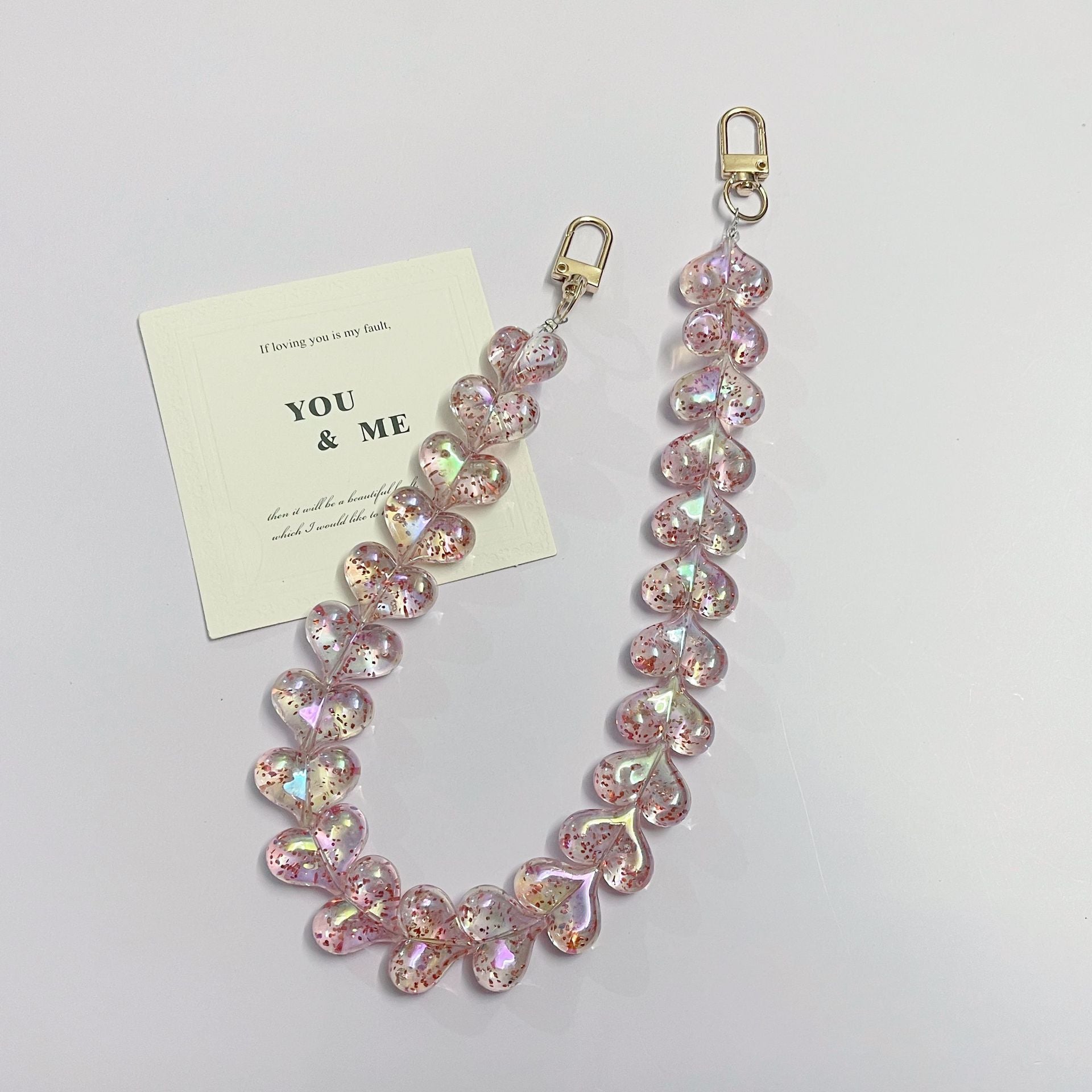 45cm Glitter Iridescent Heart Bead Bag Strap, Transparent Sparkly Heart Beaded Replacement Purse Chain with Gold Clasps