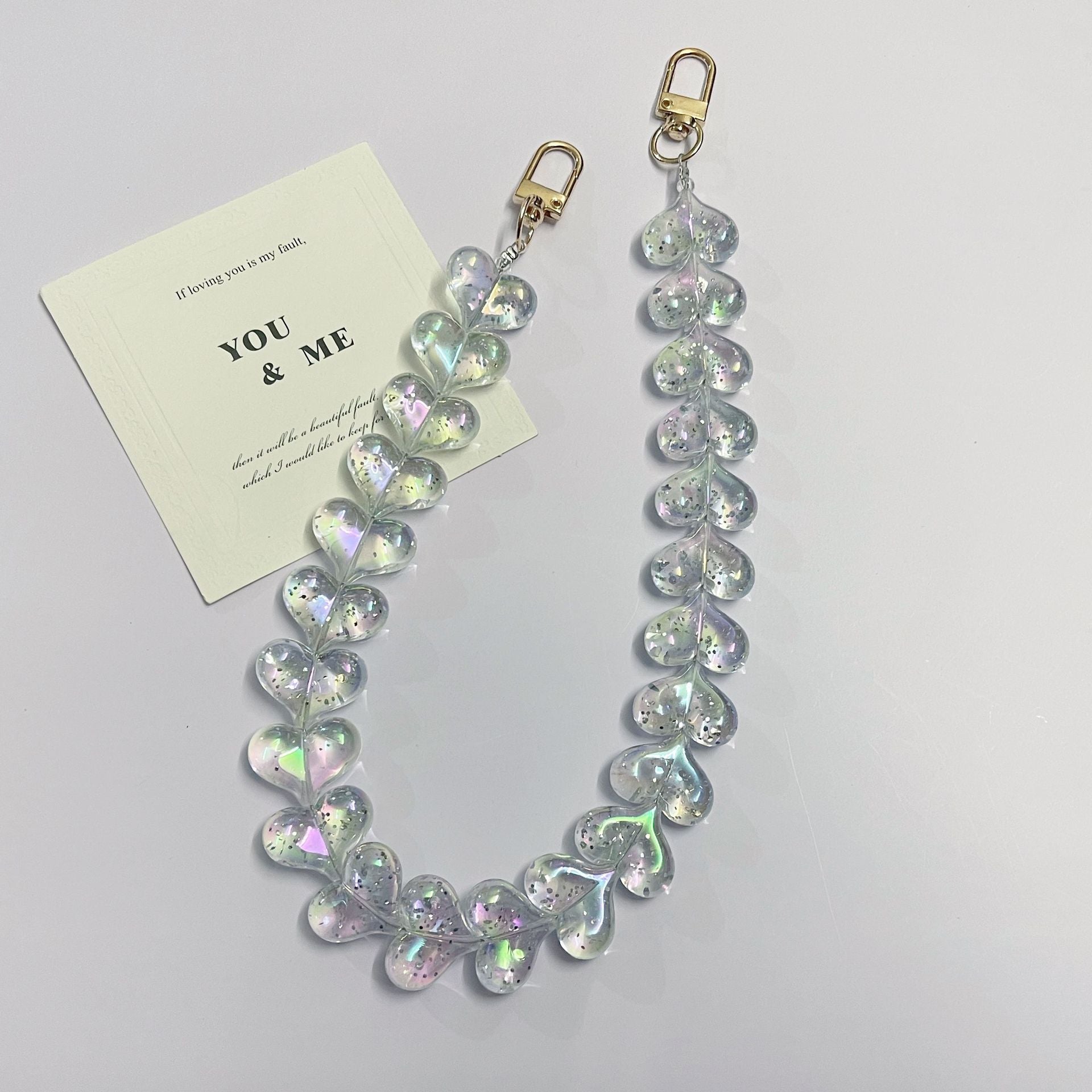 45cm Glitter Iridescent Heart Bead Bag Strap, Transparent Sparkly Heart Beaded Replacement Purse Chain with Gold Clasps
