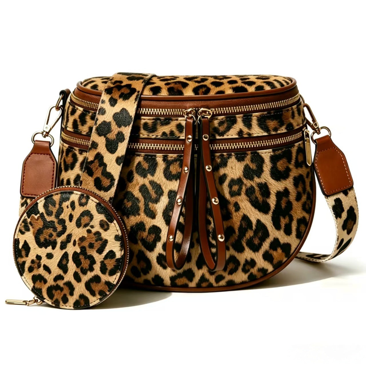 Vintage Leather Women's Saddle Bag, Dual Zipper Design, Wide Shoulder Strap, Crossbody & Shoulder Handbag