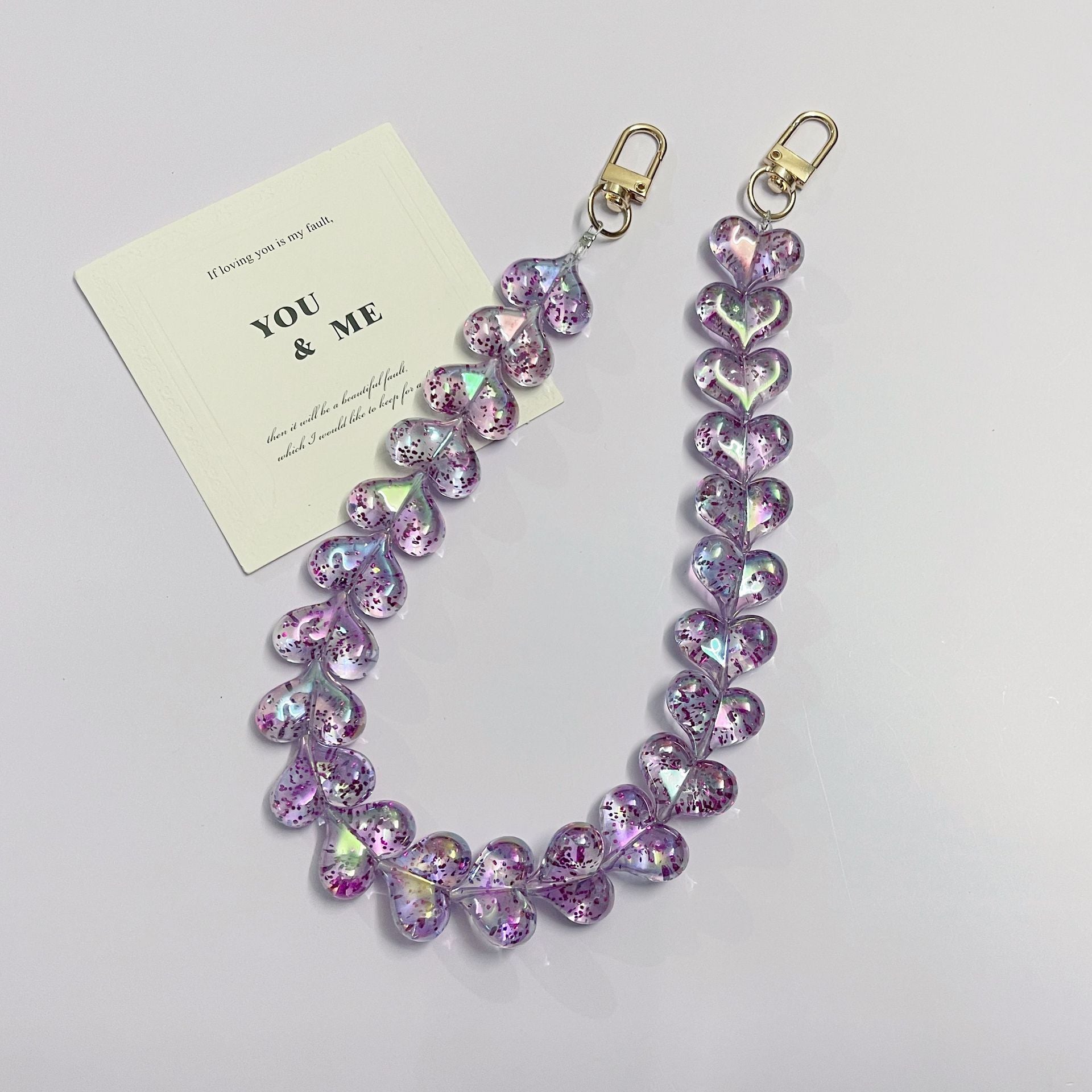 45cm Glitter Iridescent Heart Bead Bag Strap, Transparent Sparkly Heart Beaded Replacement Purse Chain with Gold Clasps