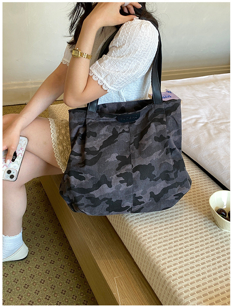 Camouflage Canvas Large Tote Bag, Trendy Casual Lazy Shoulder Handbag