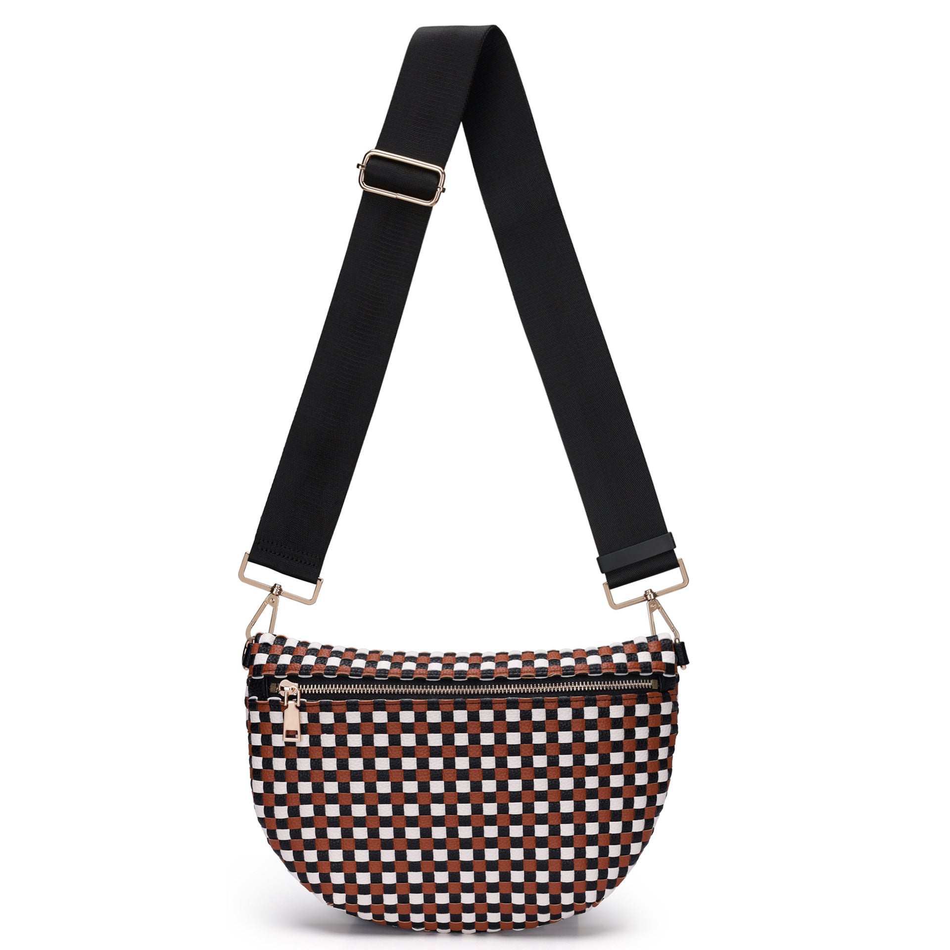 Woven Crossbody Bags For Women Checkered Bum Bag Women's Waist Pack Sling Purse with Wide Strap for Travel