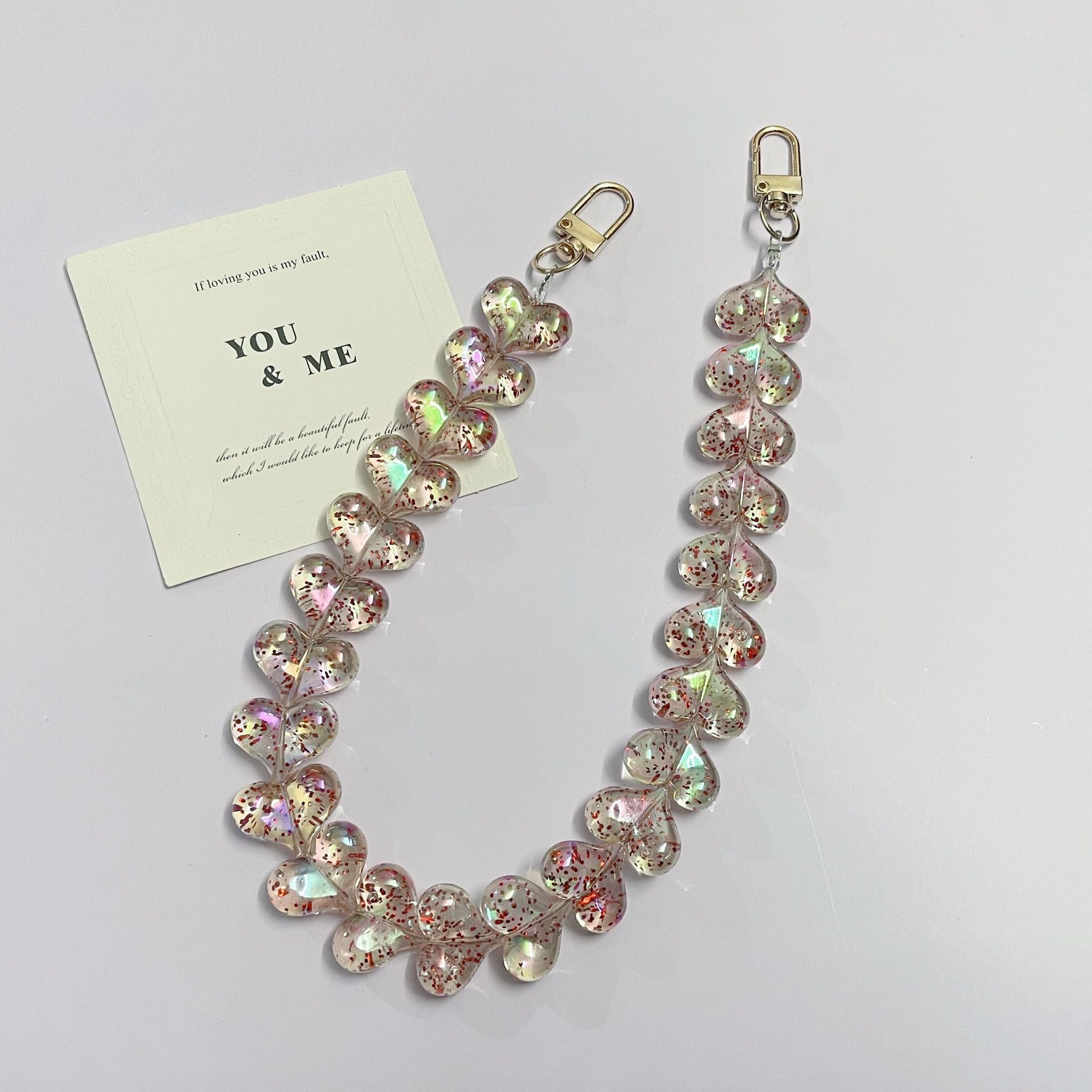 45cm Glitter Iridescent Heart Bead Bag Strap, Transparent Sparkly Heart Beaded Replacement Purse Chain with Gold Clasps