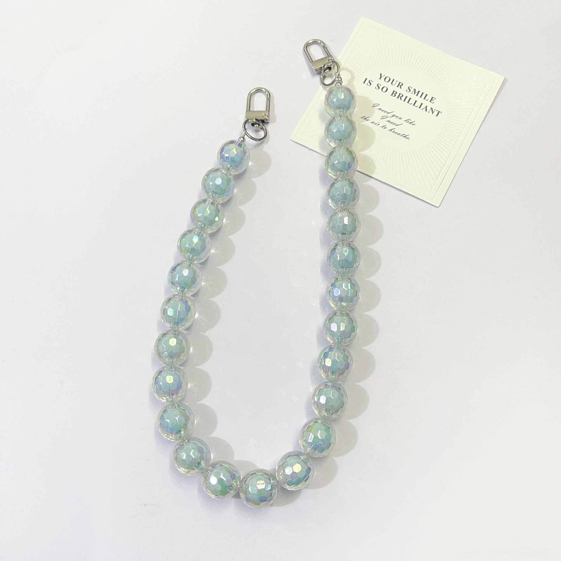 45cm Iridescent Faceted Round Bead Bag Strap, Transparent Holographic Crystal Beaded Purse Replacement Chain with Silver Swivel Clasps