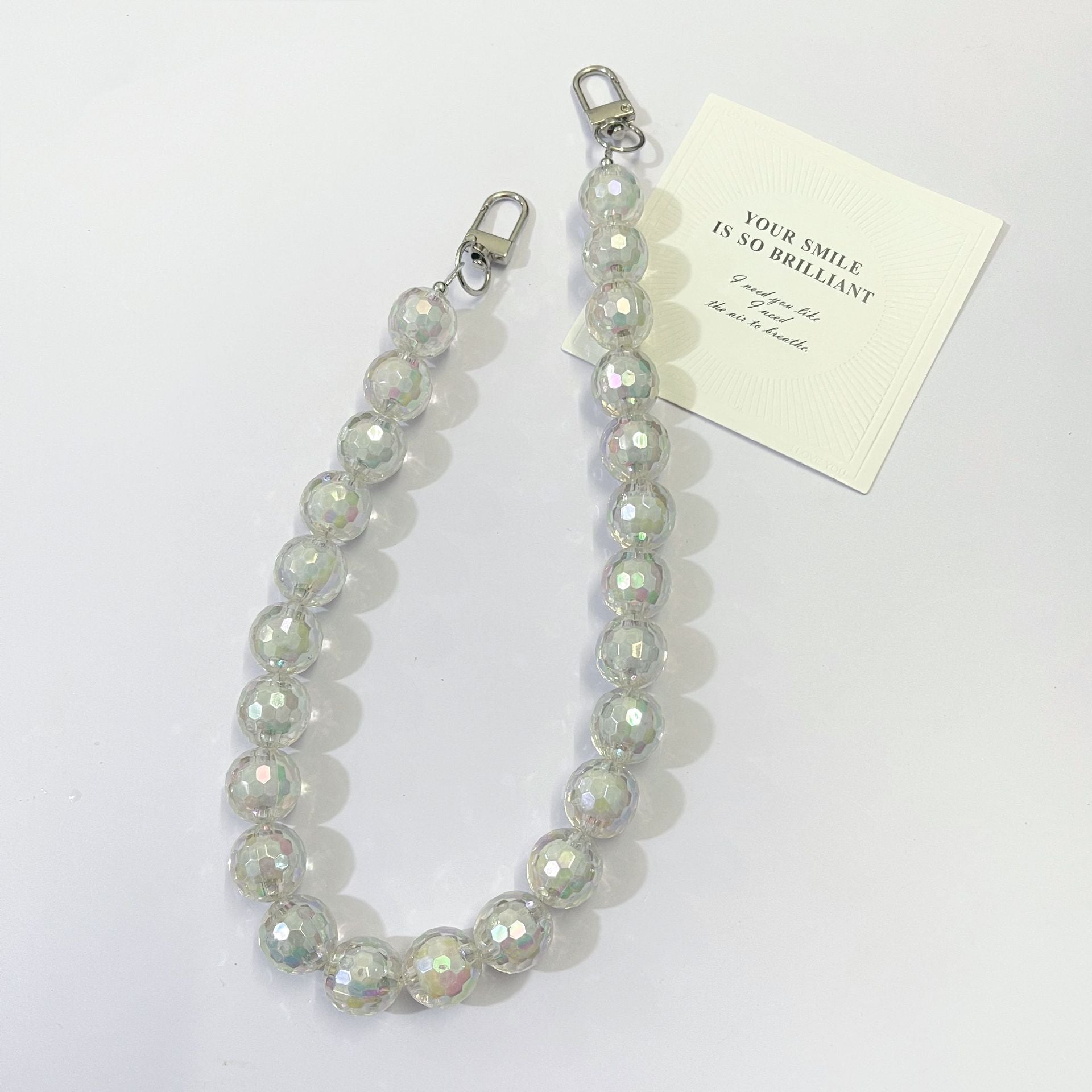 45cm Iridescent Faceted Round Bead Bag Strap, Transparent Holographic Crystal Beaded Purse Replacement Chain with Silver Swivel Clasps