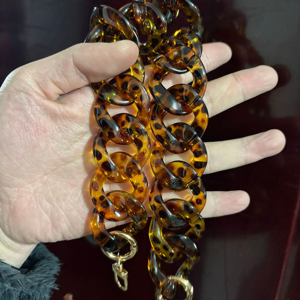 Premium Tortoiseshell Resin Bag Strap (37cm/14.6") - Detachable Leopard Chunky Chain