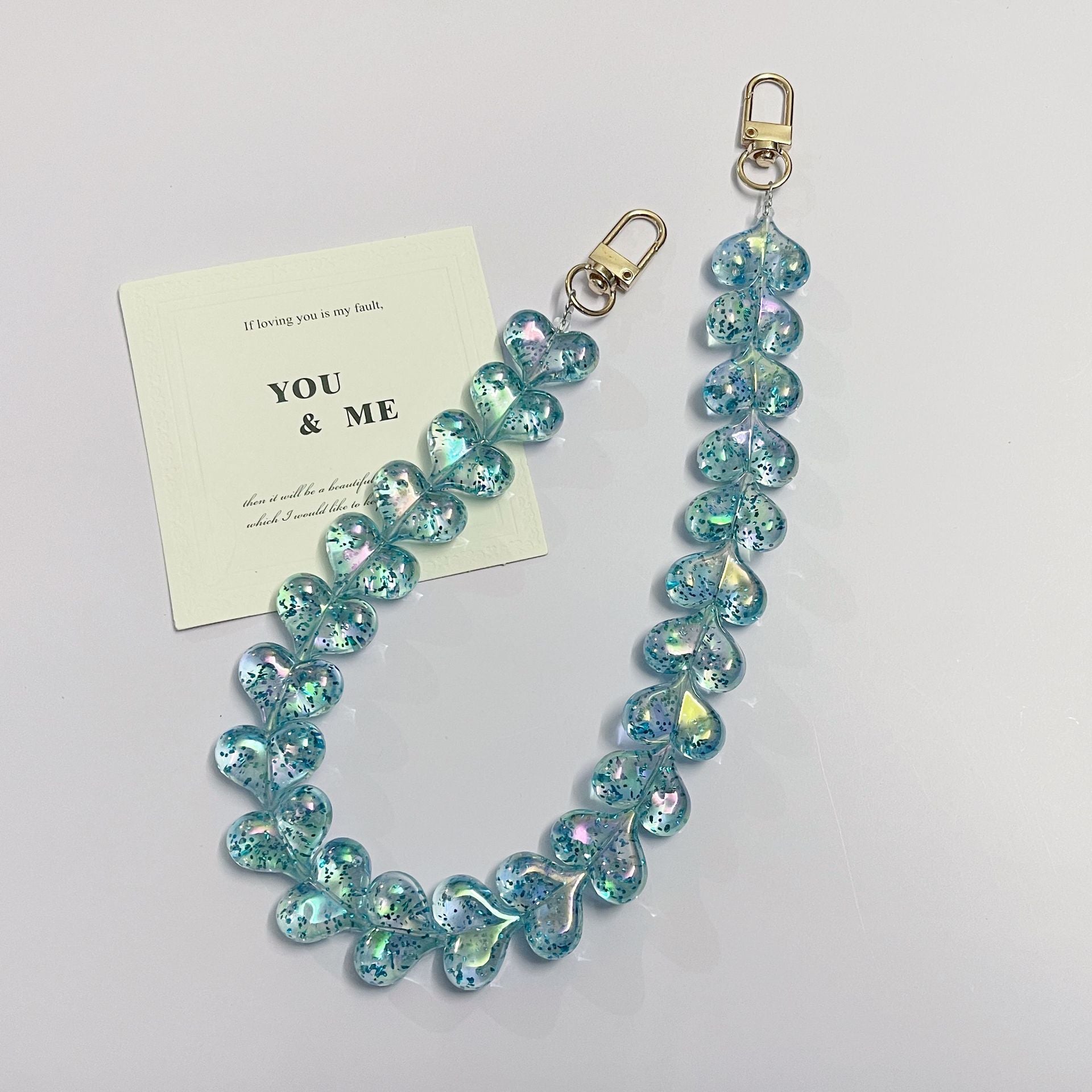 45cm Glitter Iridescent Heart Bead Bag Strap, Transparent Sparkly Heart Beaded Replacement Purse Chain with Gold Clasps