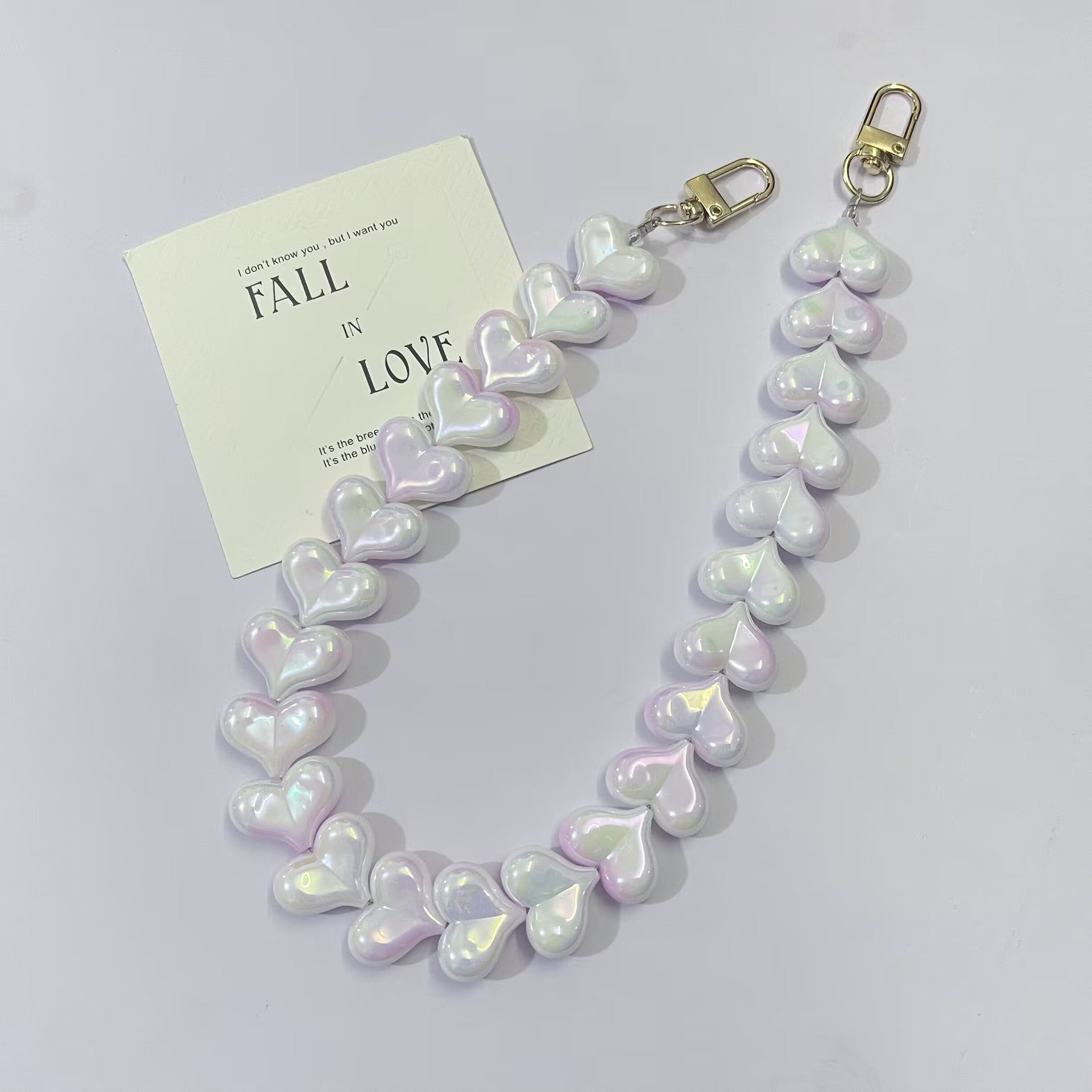 45cm Iridescent Heart Bead Bag Chain Strap, Cute Pearl Color Heart Beaded Replacement Purse Strap with Gold Clasps