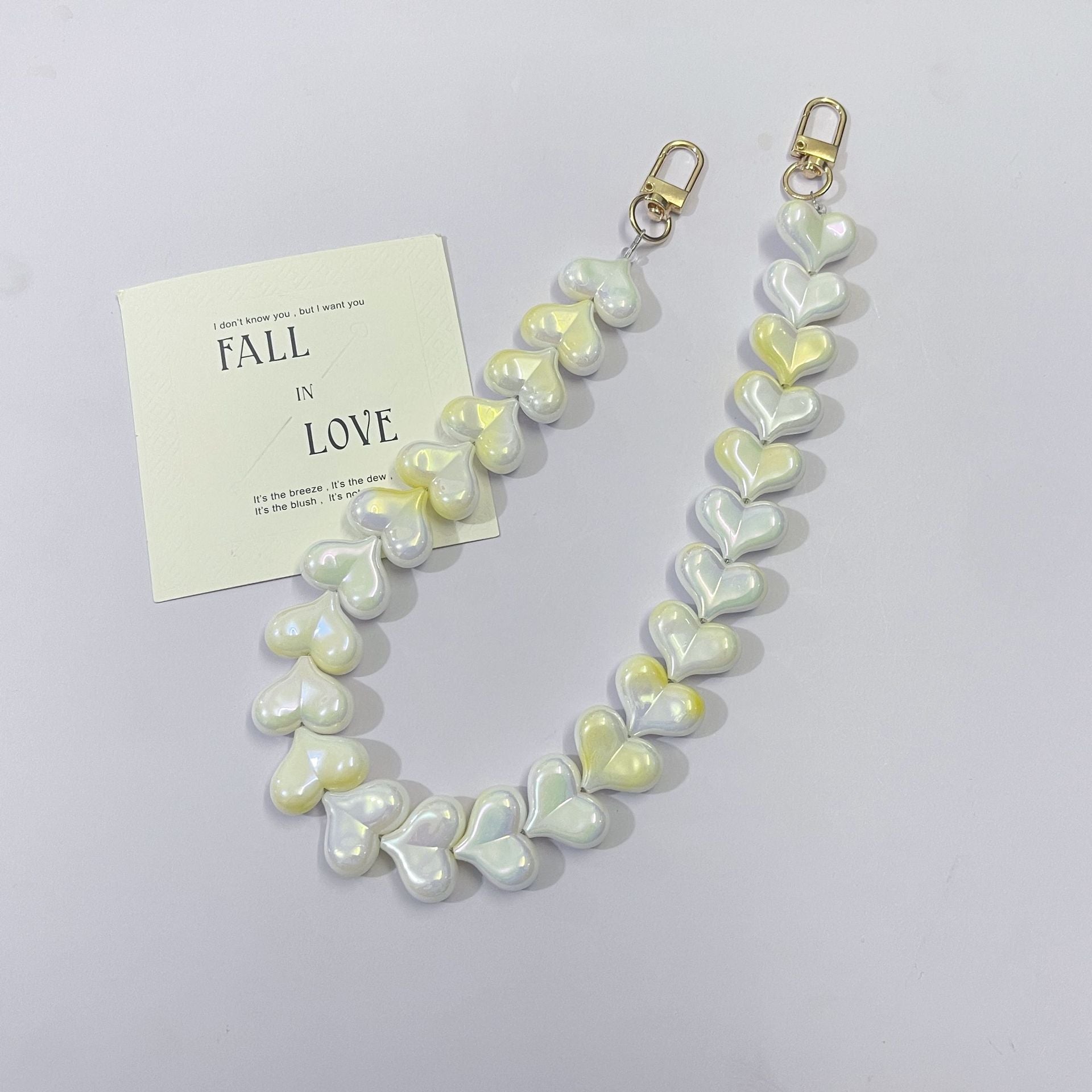 45cm Iridescent Heart Bead Bag Chain Strap, Cute Pearl Color Heart Beaded Replacement Purse Strap with Gold Clasps