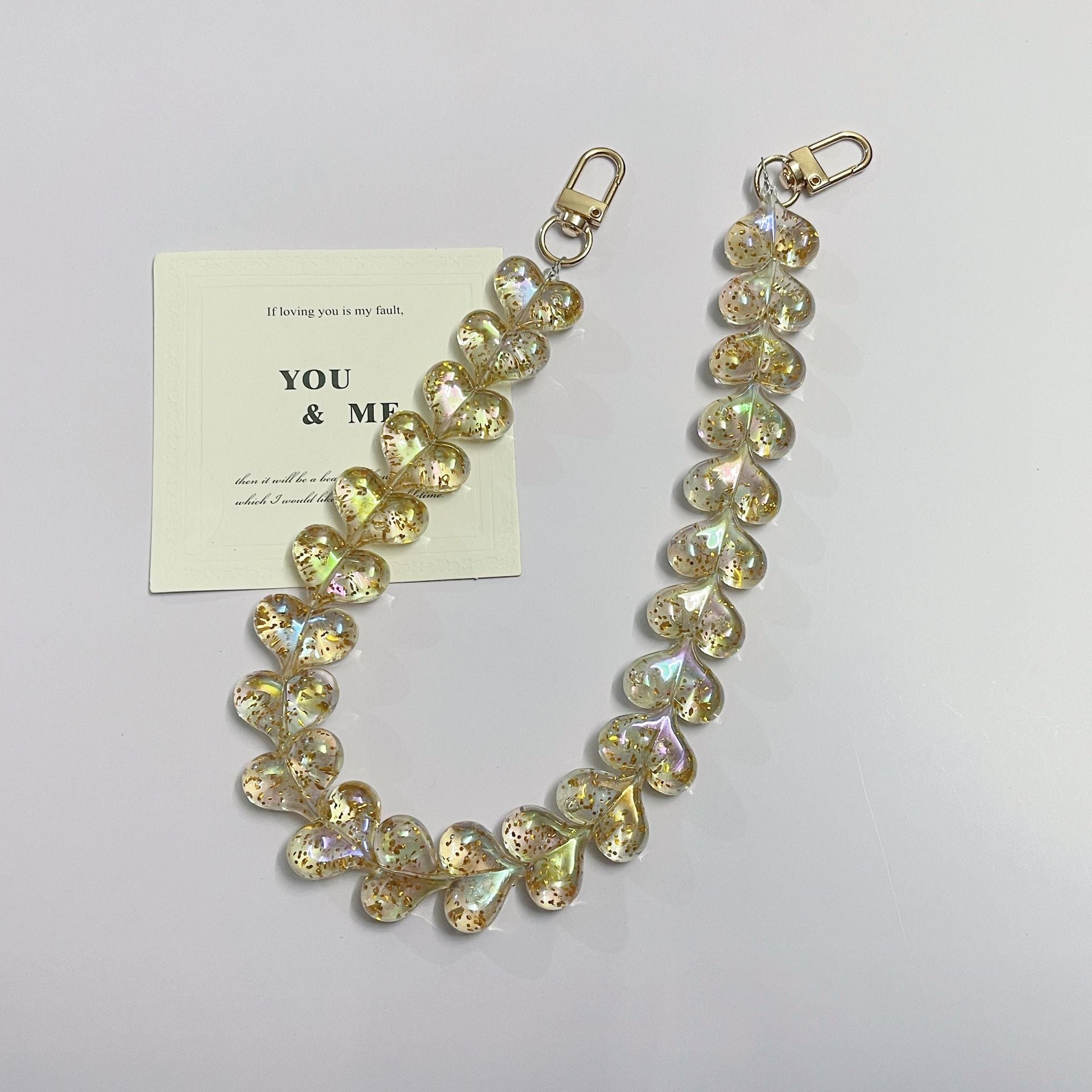 45cm Glitter Iridescent Heart Bead Bag Strap, Transparent Sparkly Heart Beaded Replacement Purse Chain with Gold Clasps