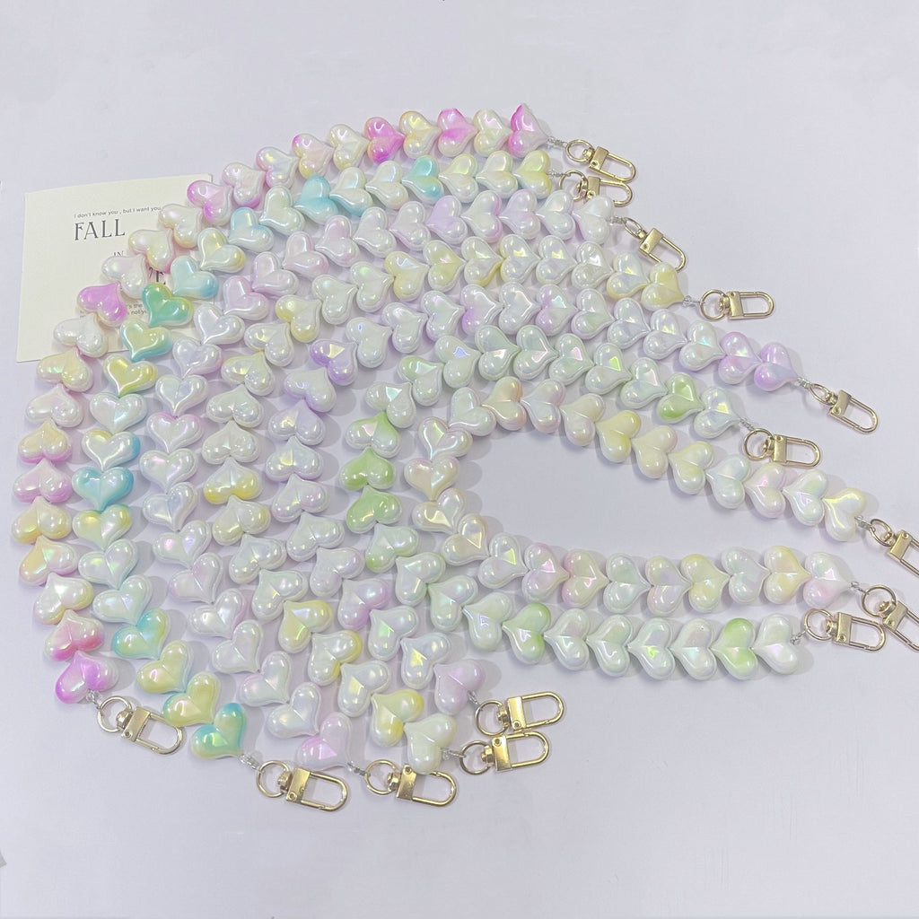 45cm Iridescent Heart Bead Bag Chain Strap, Cute Pearl Color Heart Beaded Replacement Purse Strap with Gold Clasps