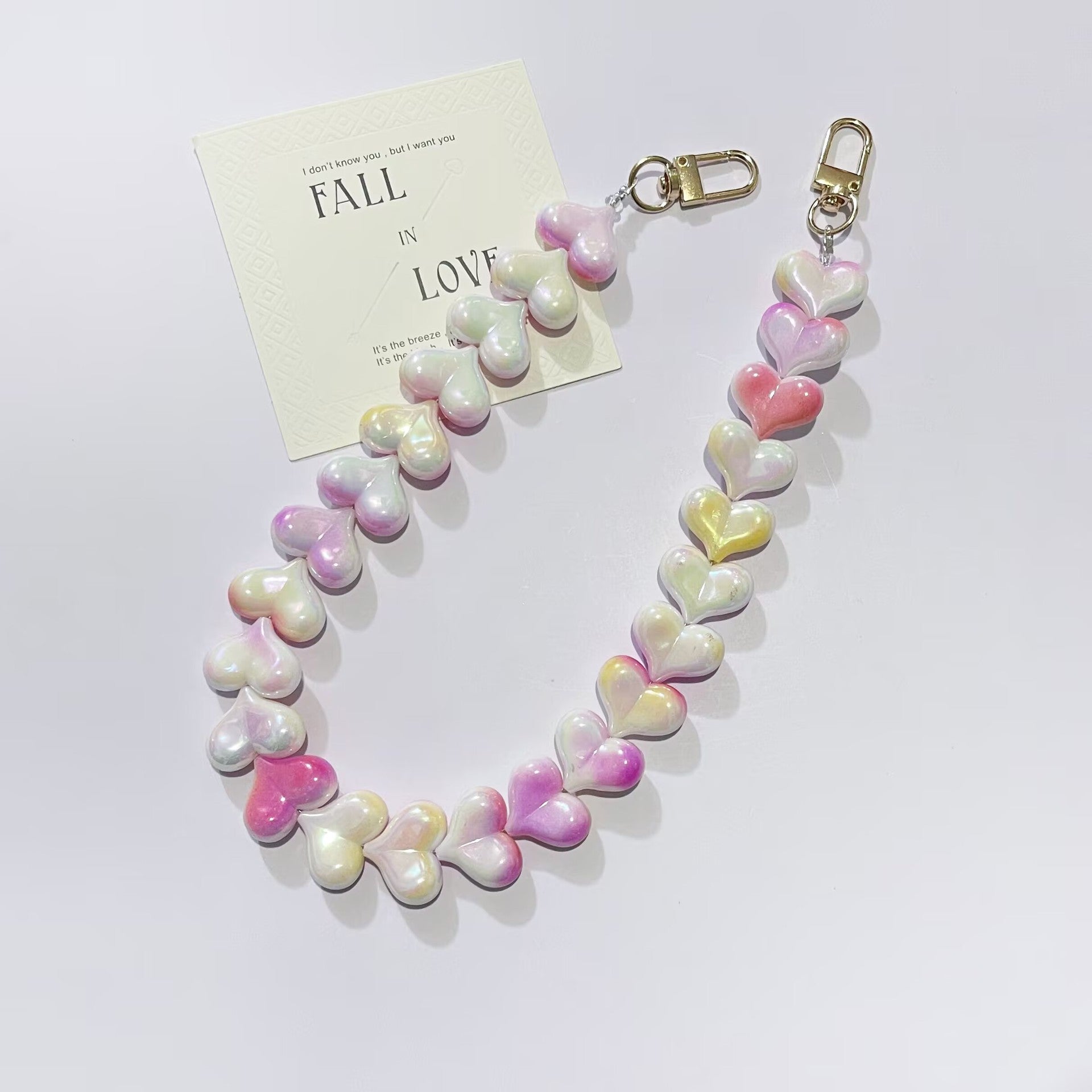 45cm Iridescent Heart Bead Bag Chain Strap, Cute Pearl Color Heart Beaded Replacement Purse Strap with Gold Clasps