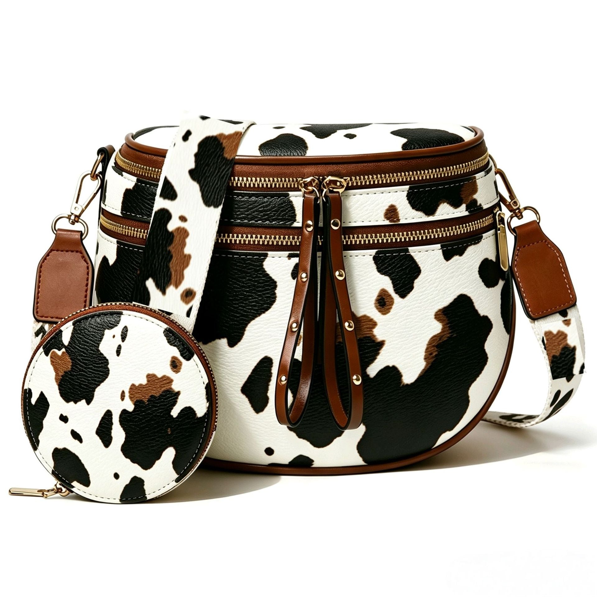 Vintage Leather Women's Saddle Bag, Dual Zipper Design, Wide Shoulder Strap, Crossbody & Shoulder Handbag