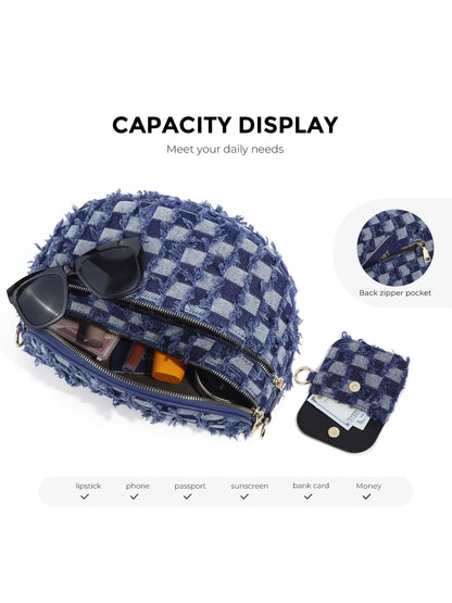 Denim Checkered Crossbody Bum Bag Large Capacity Belt Bag