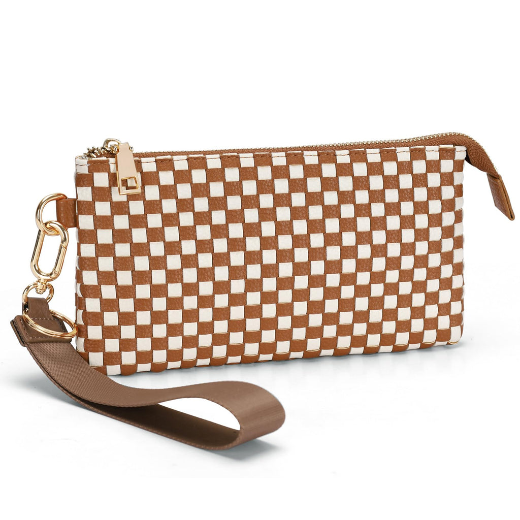Woven Checkered Wristlet Wallets for Women, Faux Leather Zipper Wristlet Purse with 6 Card Slot, 9.25" x 4.72"