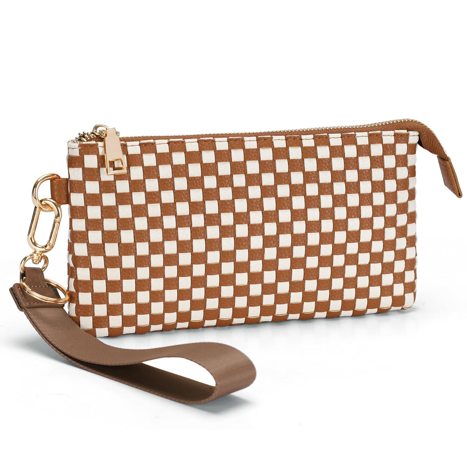 Woven Checkered Wristlet Wallets for Women, Faux Leather Zipper Wristlet Purse with 6 Card Slot, 9.25" x 4.72"