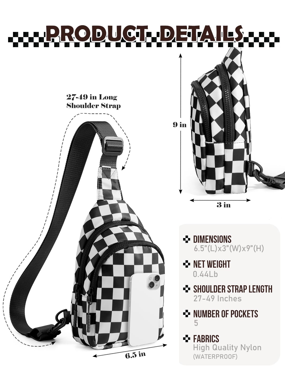 Waterproof Nylon Checkered Chest Bag - Versatile Crossbody Fanny Pack for Outdoor Sports & Running
