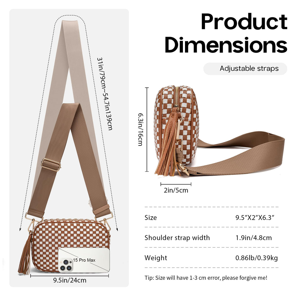 Small Woven Checkered Crossbody Bag for Womenl Cute Vegan Leather Purses Trendy Shoulder Handbags Wide Strap