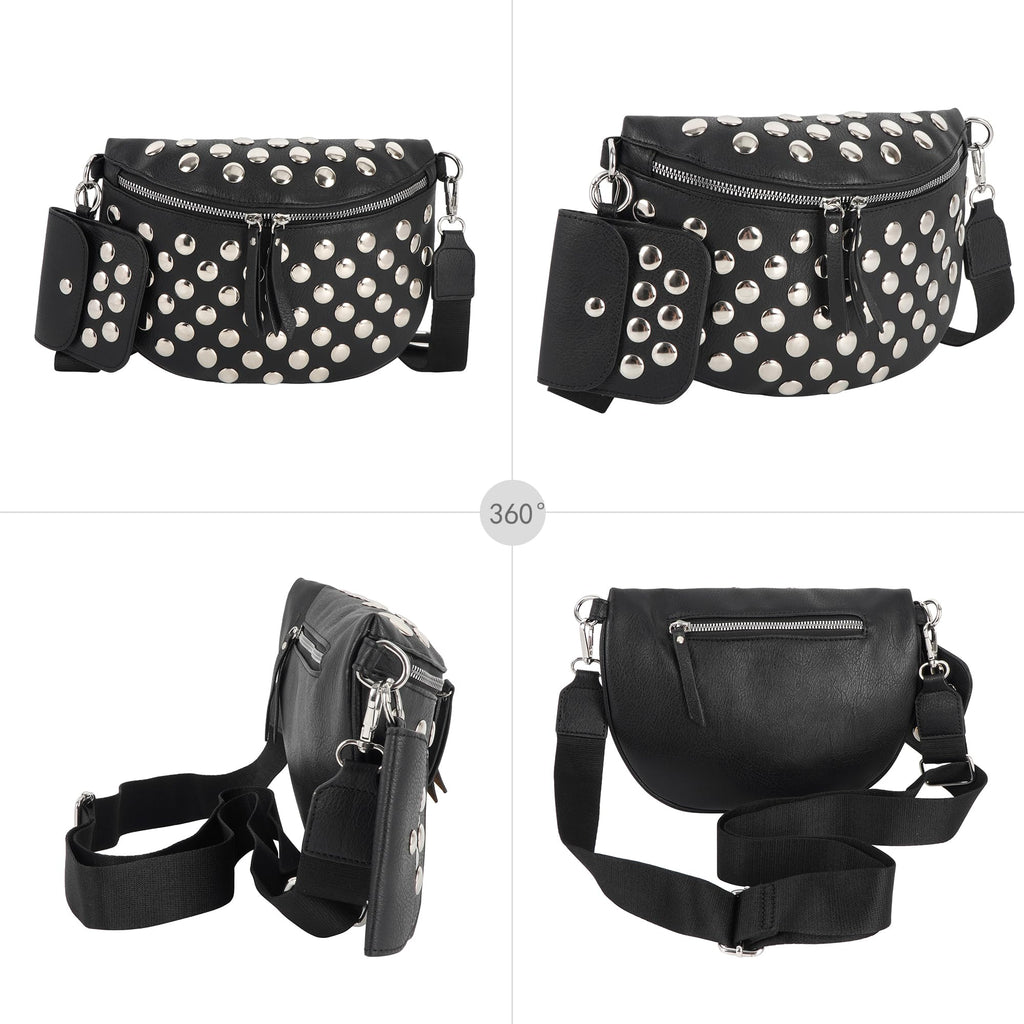 Women Rivet Faux Leather Fanny Pack Waist Bag Chest Bag Crossbody Shoulder Bag