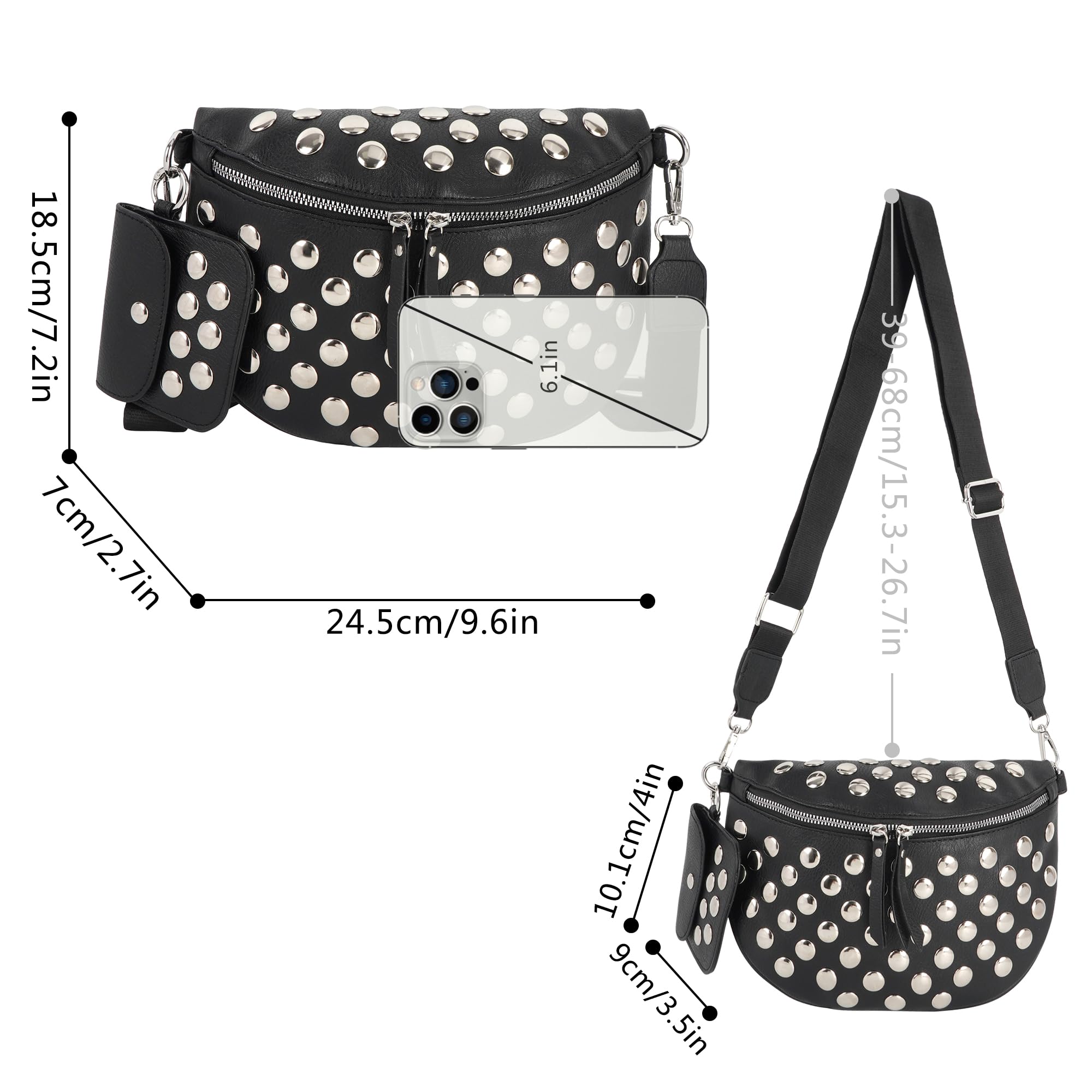 Women Rivet Faux Leather Fanny Pack Waist Bag Chest Bag Crossbody Shoulder Bag