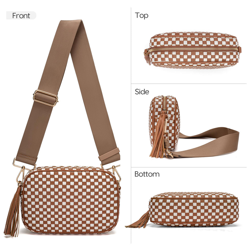 Small Woven Checkered Crossbody Bag for Womenl Cute Vegan Leather Purses Trendy Shoulder Handbags Wide Strap