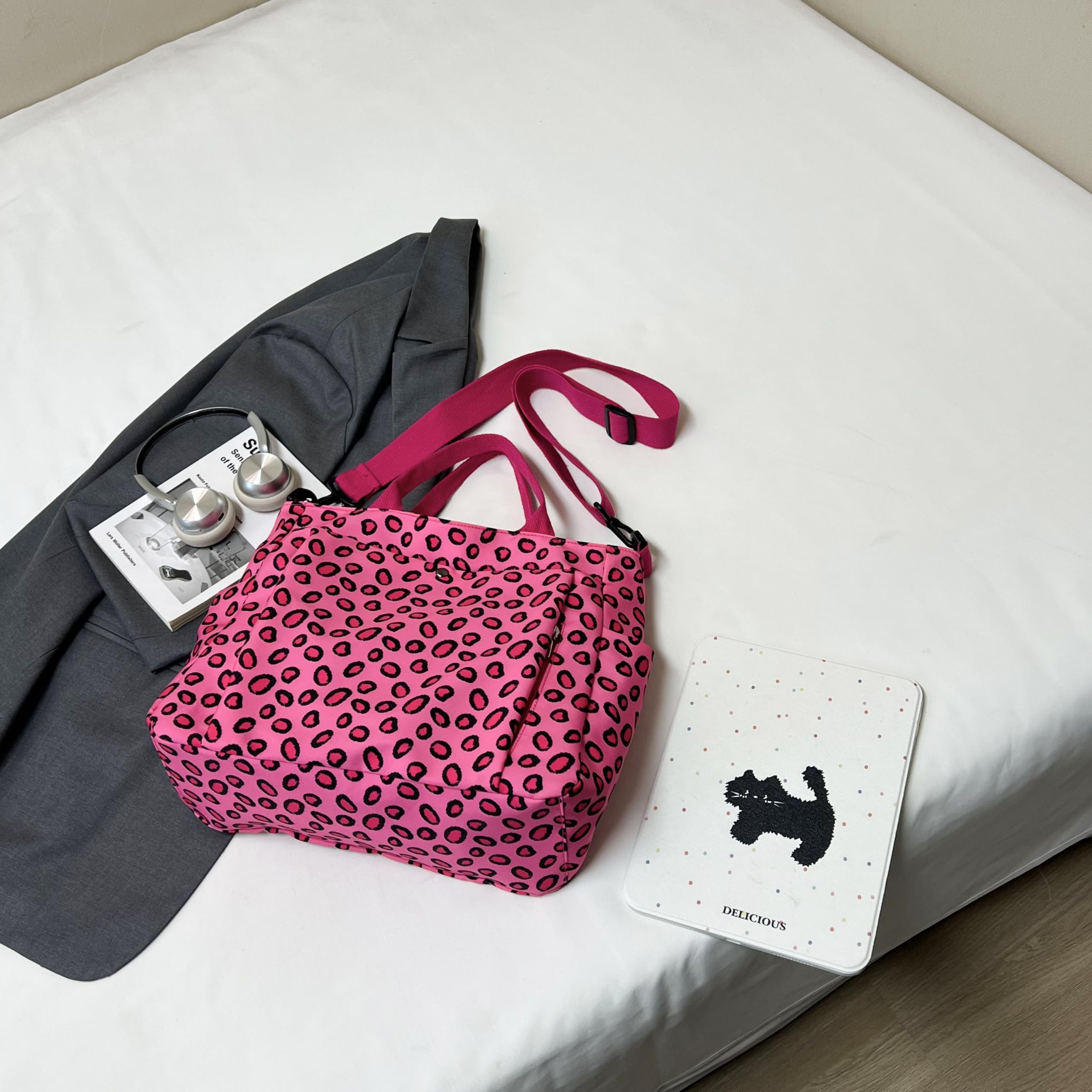 Women's Leopard Nylon Tote Bag, Large Capacity Crossbody Handbag | Multi-pocket design, ideal for daily commute and travel. Durable nylon material