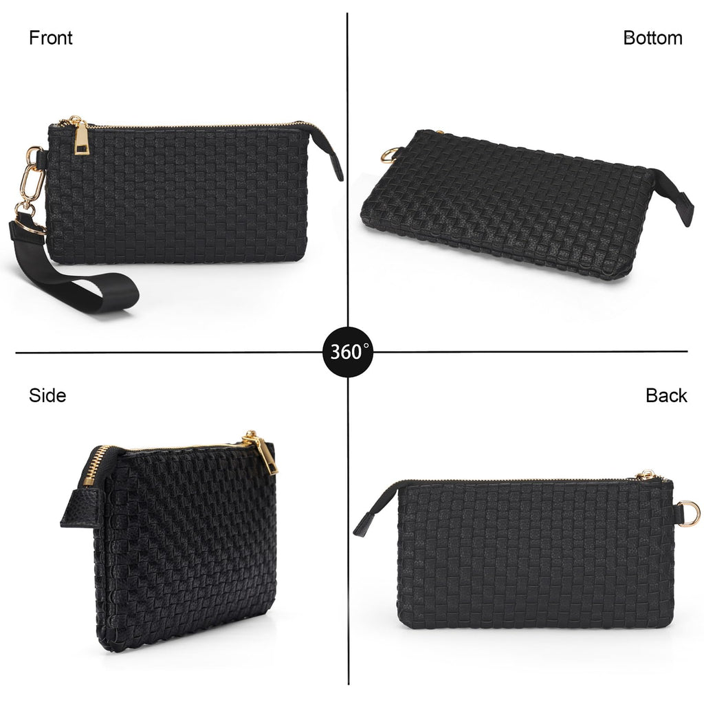 Woven Checkered Wristlet Wallets for Women, Faux Leather Zipper Wristlet Purse with 6 Card Slot, 9.25" x 4.72"